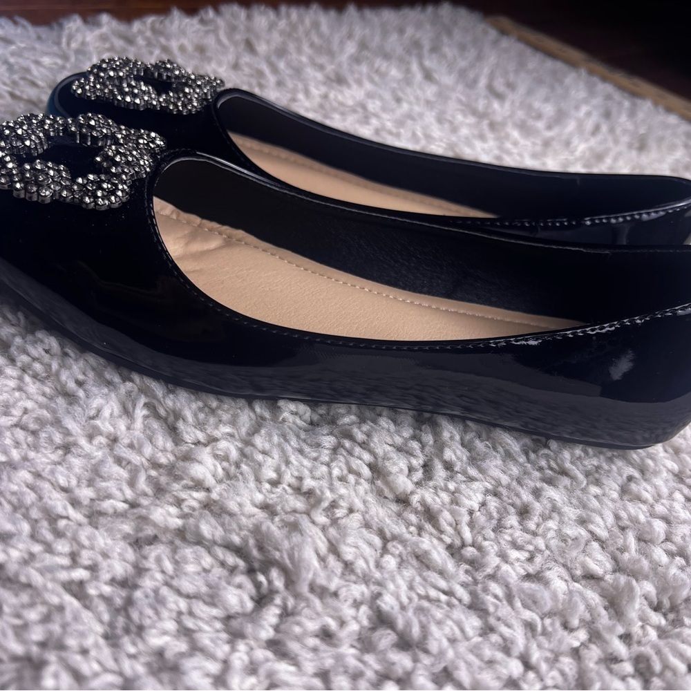 WOMENS PIERRE DUMAS BLACK PATENT BALLET FLATS WITH RHINESTONES SIZE 7 EUC - Picture 5 of 15